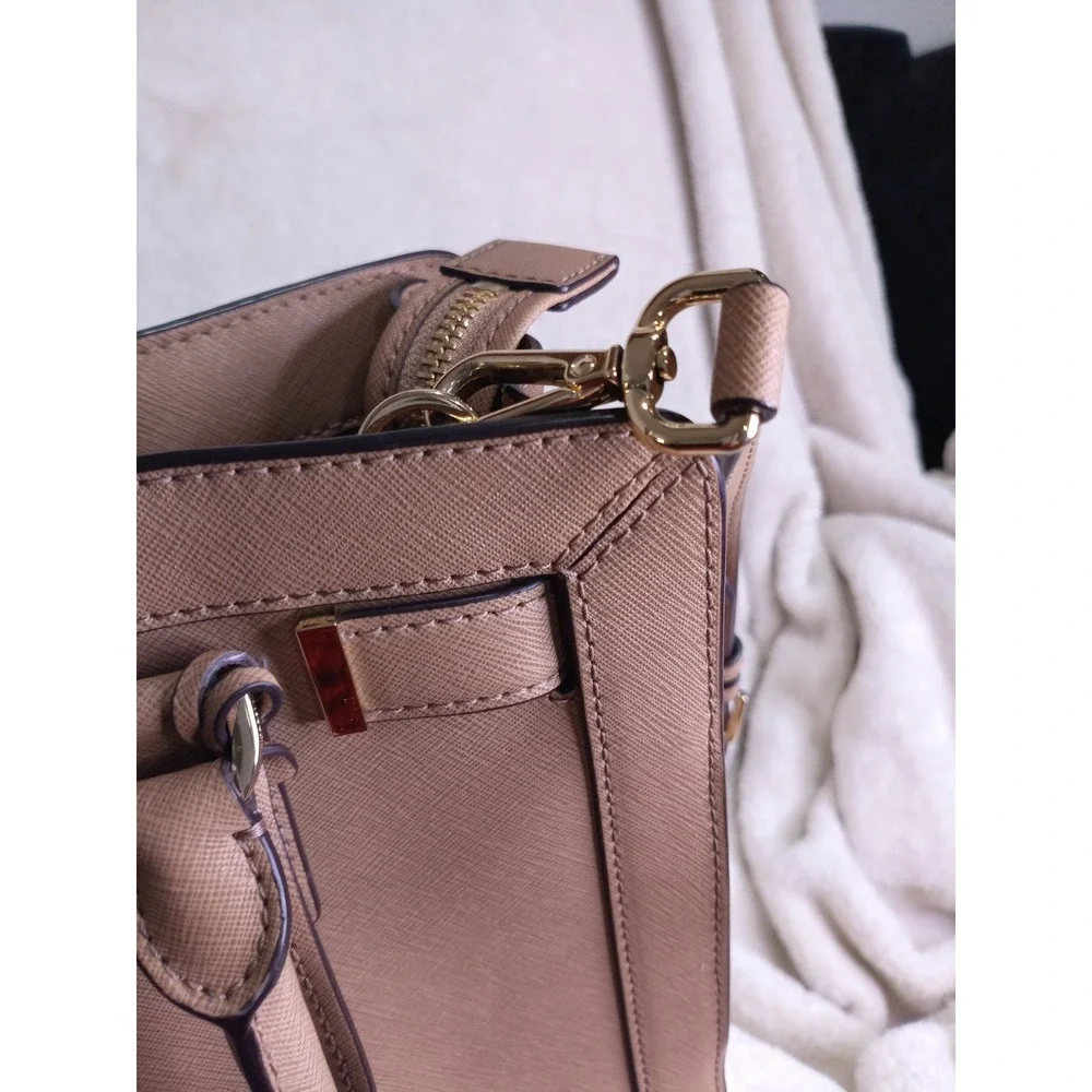 Michael Kors Dillon Saffiano Leather Satchel Crossbody Bag Tan Gold Hardware